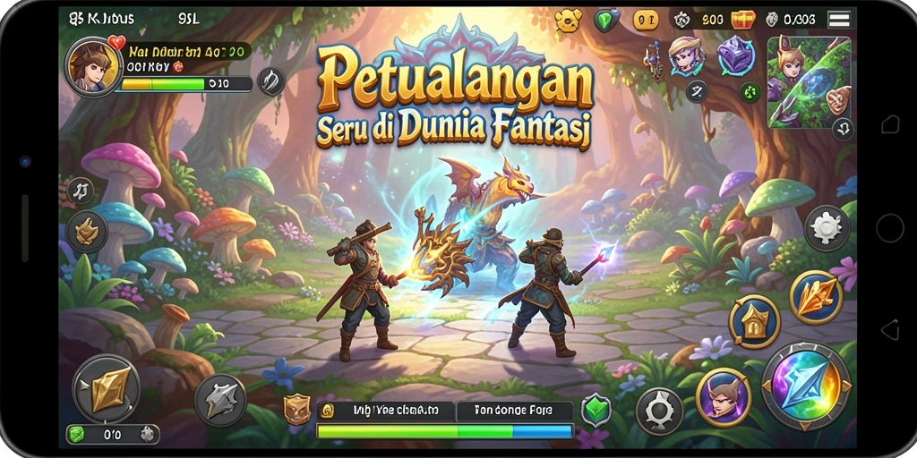 Screenshot gameplay 9SL menampilkan karakter menjelajahi dunia petualangan yang menakjubkan.