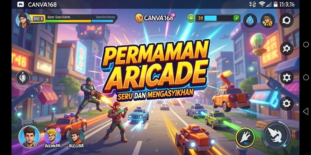 Screenshot gameplay CANVA168 menampilkan aksi seru dalam level Arcade.