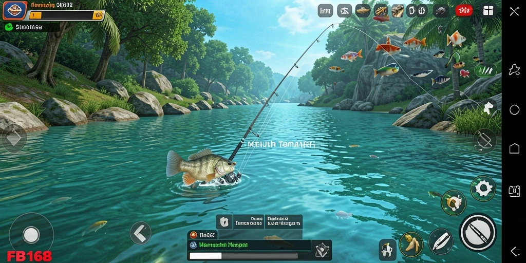 Screenshot gameplay FB168 menampilkan aksi memancing seru di danau.