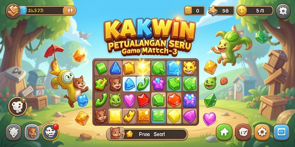 Screenshot gameplay KAKWIN menampilkan kombinasi warna-warni dalam match-3.