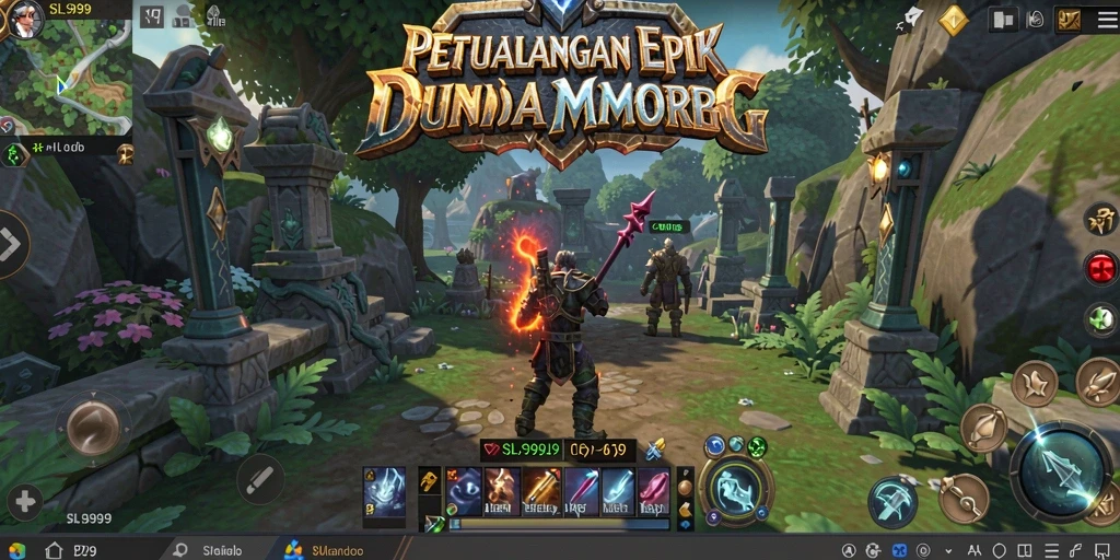 Screenshot gameplay SL999 yang menunjukkan pertempuran epik dalam MMORPG.