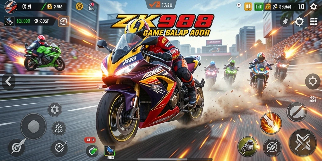 Gameplay seru ZK988 dengan balapan motor di trek yang menegangkan.